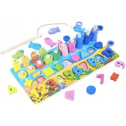 DREWNIANY SORTER PUZZLE MONSTESSORI ŁOWIENIE RYBKI WĘDKĄ UKŁADANKA
