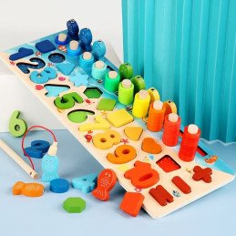 DREWNIANA TABLICA EDUKACYJNA UKŁADANIA MONTESSORI RYBKI WĘDKA CYFRY