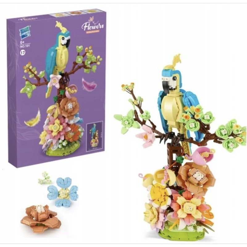 KLOCKI FLOWERS KWIATY I PAPUGA DEKORACJA KLOCKI FLOWERS KWIATY I PAPUGA DEKORACJA