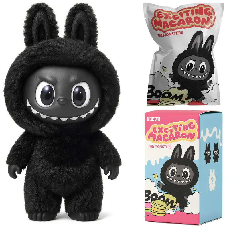 BRELOK PLUSZAK LABUBU CZARNY EXCITING MACARON LOSOWA SASZETKI + PUDEŁKO