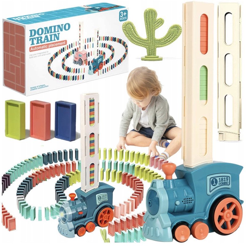 KOLEJKA POCIĄG LOKOMOTYWA UKŁADAJĄCA KLOCKI DOMINO AUTOMATYCZNA CIUCHCIA